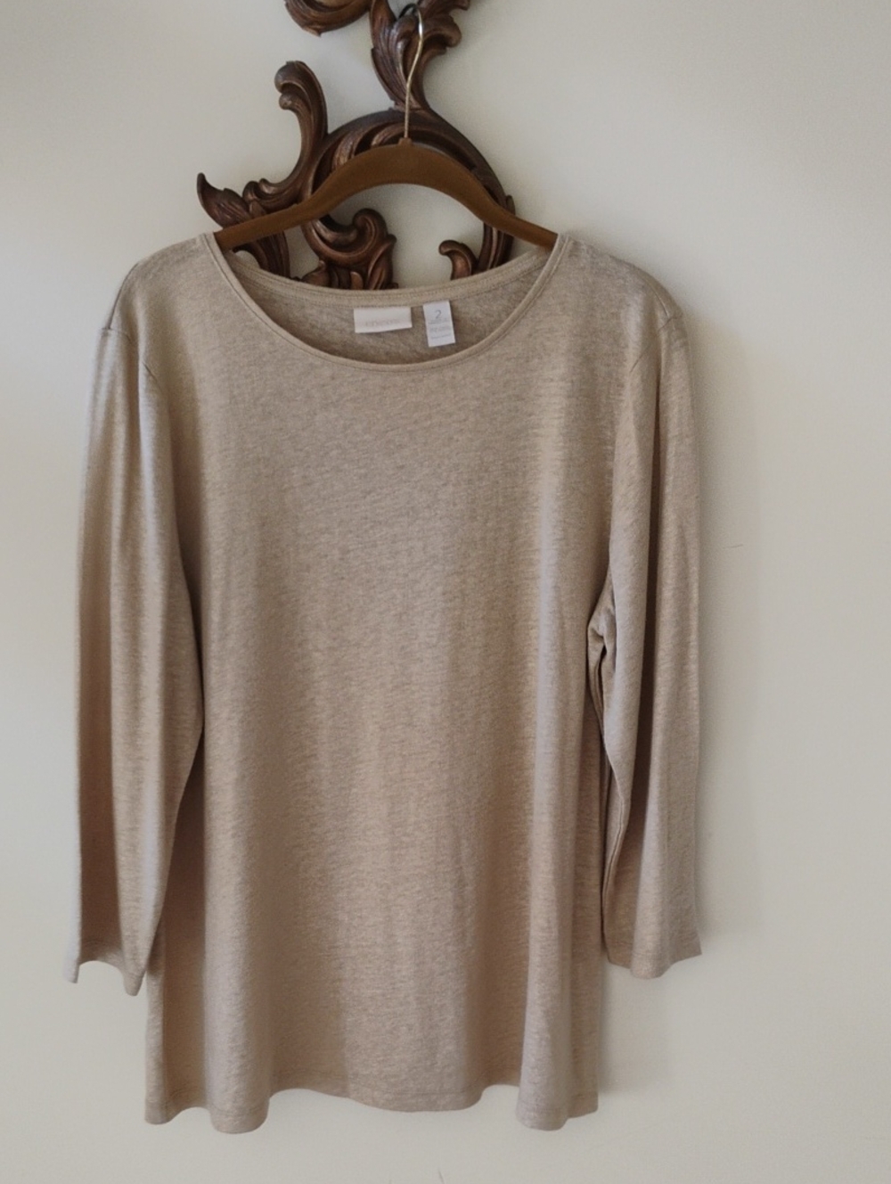 Chico's Neutral Beige Shimmery Long Sleeve Crewneck Top